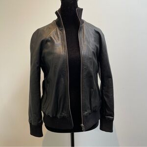 Brett Gold Lambskin Black Leather Bomber Jacket size Medium
